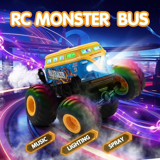 DYODYORC Remote Control Car 2.4Ghz All Terrain RC Monster Truck Toys with Spray Music 3 Lighting Effects 360 Stunt Capable All Included Ready to Run Toy Gifts for Boys and Girl (Yellow)
