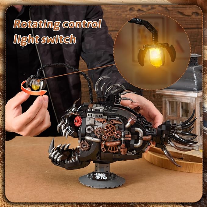 Mechanical Lantern Fish Building Block Set1038 PCS Ocean Animals Decor Collection Toy Compatible with Lego Sets for Boys 8-14STEM Birthday Gift for Adults Women Girls Boys Age 8-12(with LED)