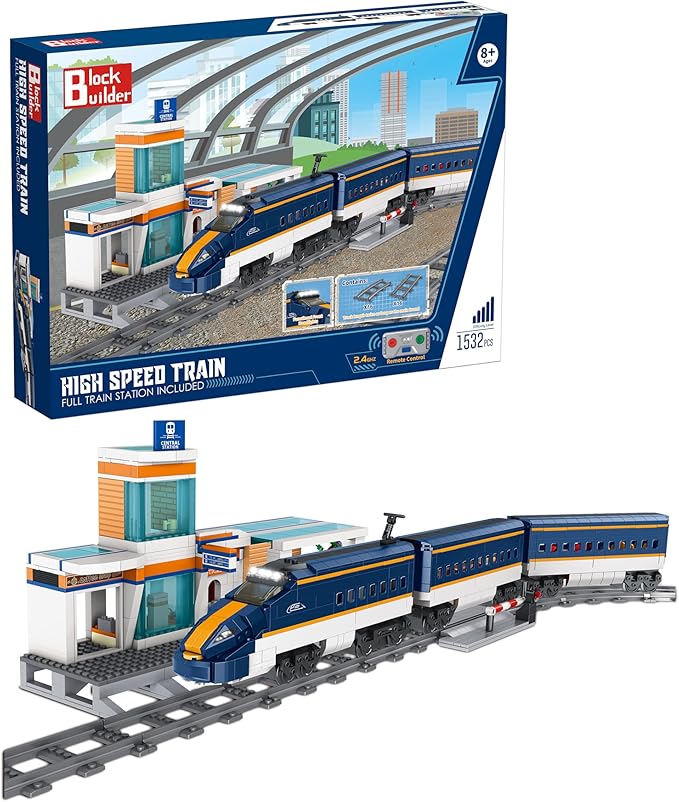Block Builder High Speed Train Remote Control Building Block Set with Full Train Station (1532 Pieces). Railroad Series Building Blocks for Kids and Adults. Alternative Product to The Main Brand