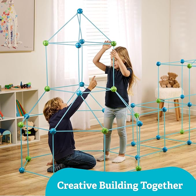 132 Piece Fort Building Kit - Indoor Play Engineering Set with Connecting Sticks &amp Balls - Creative STEM Building Toys for Kids Play Spaces Tents &amp Hideouts