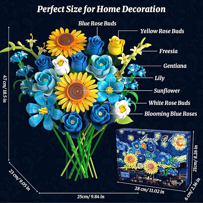 Blue Rose Sunflower Building Block Set - Compatible with Lego Flowers Adults Women Gothic Artificial Botanical Collection Van Gogh Starry Night Christmas Valentine's Gifts Home Decor
