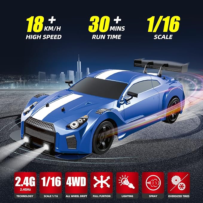 RC Drift Car Drifting RC Car 1/16 2.4GHz 4WD Remote Control Cars Rechargeable Drifting Cars 18KM/H+ High Speed RC Racing Vehicle with Spray Cool Lights Toy Car for Kids Boys