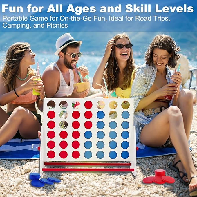 ApudArmis Portable Wooden 4 in a Row Game Classic Wooden 4-to-Score Game Set with Coins &amp Carrying Bag-Indoor Outdoor Connect Games for Teens Adults Family