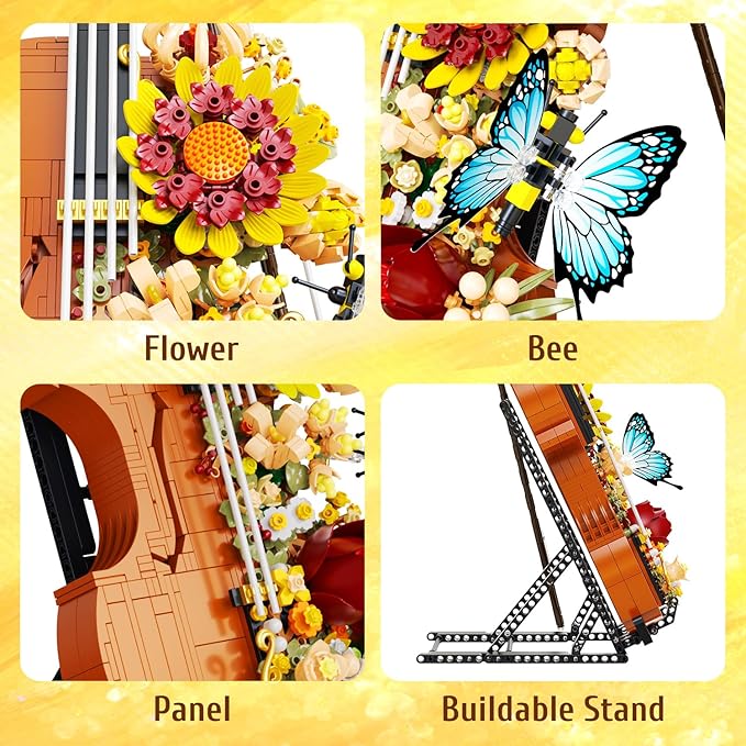 Flower Violin Building Blocks Set 1167PCS Music Instrument Toy with Stand Butterfly &amp Floral Details Creative Botanical Model for Adults Girls Home Office Decor Compatible with Lego Sets City Frie