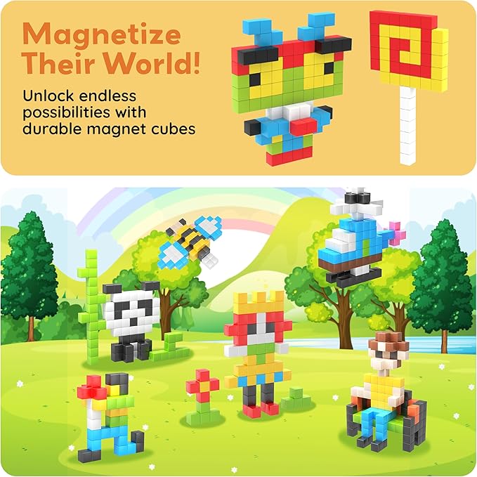 PicassoTiles 100pcs 0.5” Pixel Magnetic Puzzle Cube Mix &amp Match Cubes Sensory Toys STEAM Education Learning Building Block Magnets Children Construction Toy Set Stacking Magnet Creative Kit PMC100