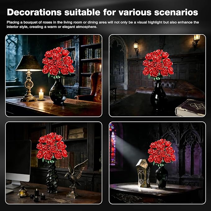 Rose Rotating Everlasting Flower Building Set (866PCS) Compatible Artificial Bouquet Elegant Home/Office Decor Accent for Tabletop Display Long-Lasting Home Decoration (Red)