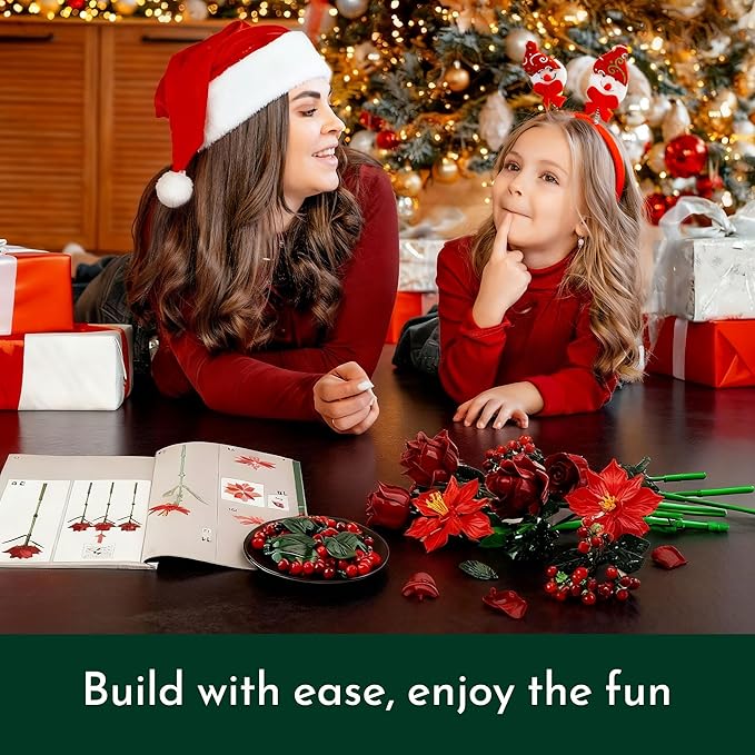 JOJO&ampPeach Flowers Rose Bouquet Building Set for Adults Mom Wife Artificial Poinsettia Botanical Collection for Home Office Display Festive Birthday Gift Toy for Women Girl and Teen 18+ (917PCS