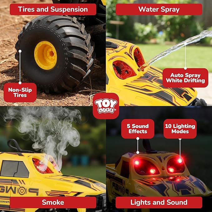 Monster Truck RC Car for Kids 2.4GHz 4WD Off-Road Remote Control Truck with Water Spray Lights &amp Music 360° Rotation Waterproof All-Terrain Car for Boys Ages 6+ Carros De Control Remoto 4x4