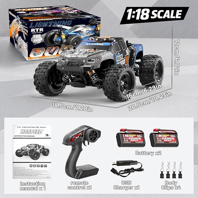RC Cars 1:18 4x4 High Speed Monster Truck for Kids and Adults 36 km/h Off Road Remote Control Vehicle Waterproof RC Truck with Metal Drivetrain &amp Metal CVD 2 Batteries All Terrain RC Toys Gift