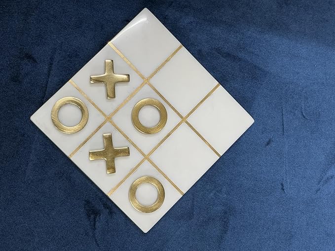Marble Tic Tac Toe Game 8x8 Premium Handcrafted Natural Marble Board Game Modern Coffee Table and Home Decor Perfect for Living Room Unique Gift Decorative Board Game Set White and Gold XO