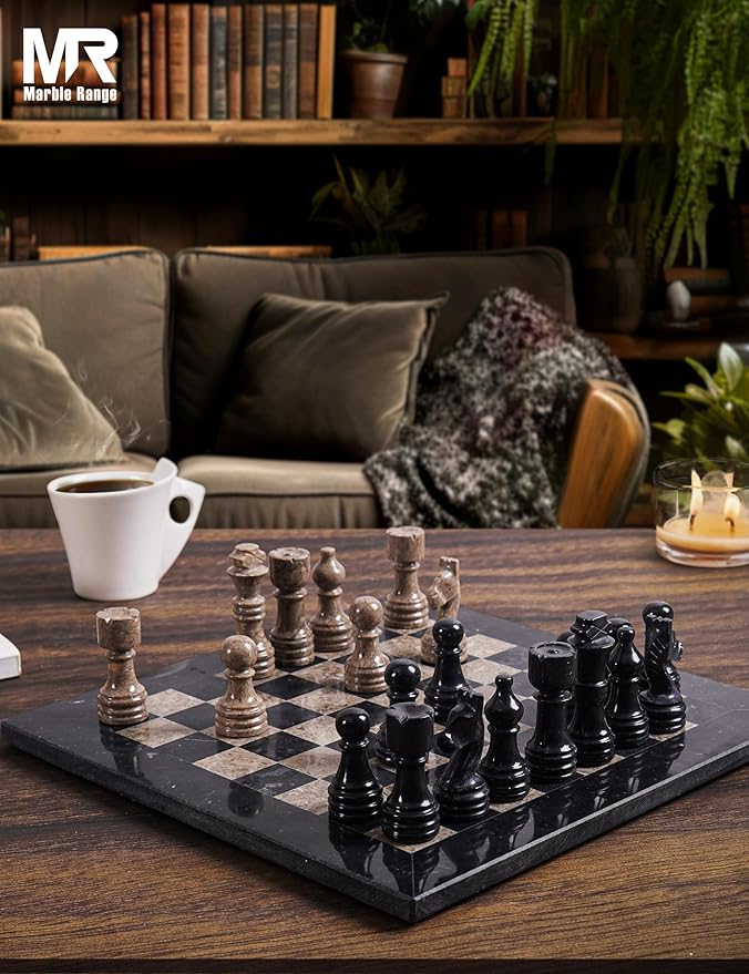 Marble Chess Set for Adults 12 Handmade Black &amp Oceanic Board Game with 32 Chess Pieces 2 Extra Queens &amp Storage Box Luxury Travel Game Elegant for Home Decor