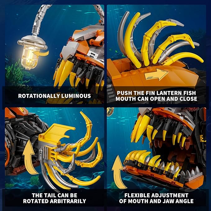 Mechanical Angler Fish Building Set with Light Creative Ocean Lantern Fish Animal Toy for Home Office Decor Compatible with Lego Shark STEM Gift for Adults Teens Boys 8-14+ (1022 PCS)