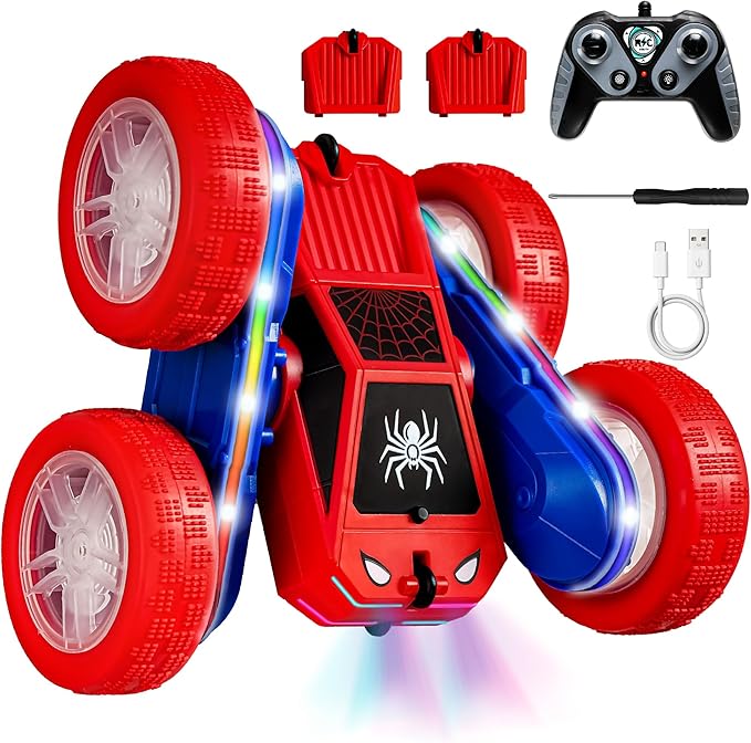 Spider Remote Control Car 4WD 360° Flips RC Stunt Car Toys Cyber-Inspired Double-Sided Drift Rc Cars with LED Lights 2 Rechargeable Charge Battery Modules Toys and Gift for Boys Age 3-12