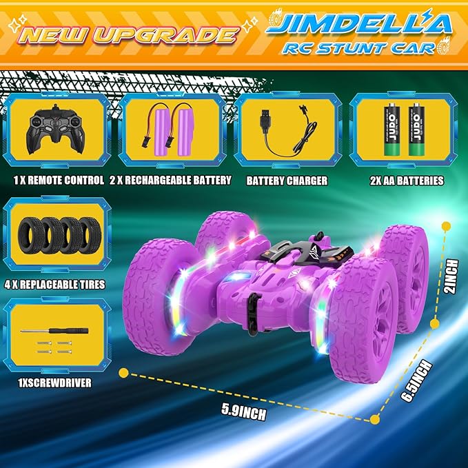 Remote Control Cars for Girls 2.4GHz RC Stunt Car with 360° Flips &amp Double Sided Driving LED Strip Lights and Headlights Changeable Wheels Birthday Gift for 5-12 Year Old Girls (Purple)