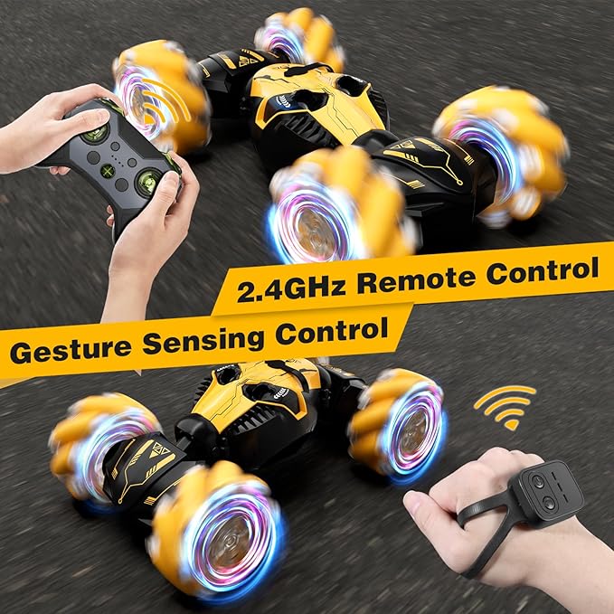 Remote Control Car for Boys 8-12 4WD Gesture Sensing RC Stunt Car 2.4Ghz with Lights Music Sprayer RC Cars for Boys Age 4-7 8-12 Hand-Controlled Cars Toys Birthday Gifts for Kids Girls Yellow