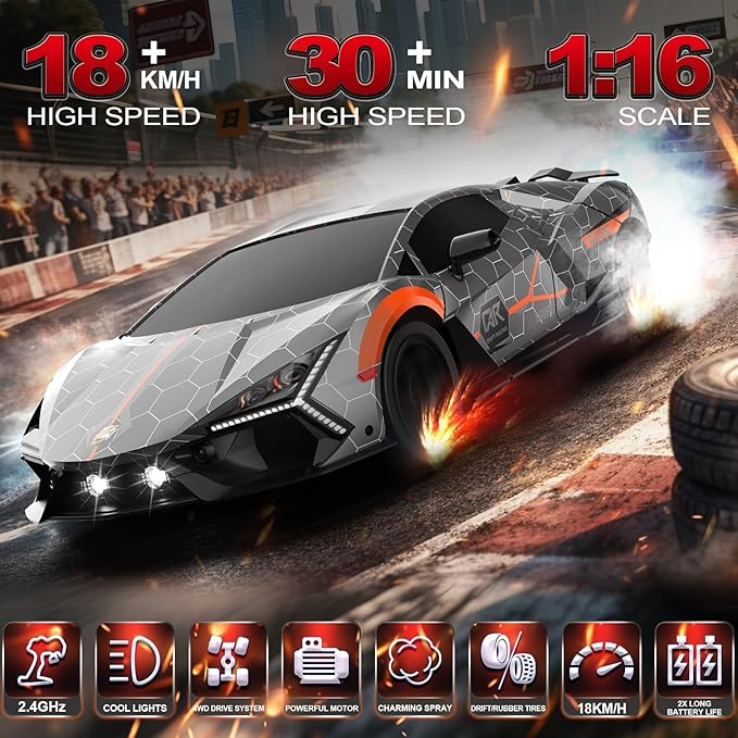 RC Drift Car 1:16 Remote Control Car 2.4Ghz High Speed RC Cars 4WD Racing Sport Toy Cars with LED Lights Spray Drifting Tires 2 Batteries for Kids Boys Girls Adults Birthday Christmas
