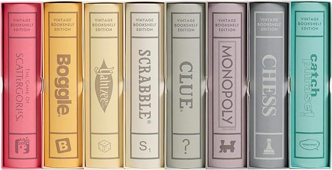 WS Game Company Collection of 8 Vintage Bookshelf Edition Board Games Including Scrabble Monopoly Clue Yahtzee Catch Phrase Chess Scattergories &amp Boggle - Classic Family Games for Kids &amp
