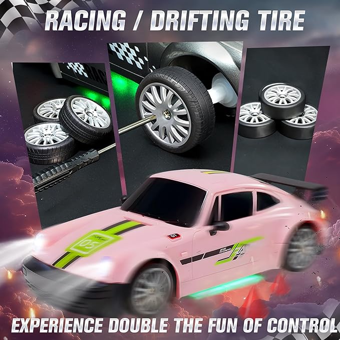 SANCO 1:20 RC Drift Car - 2.4G Drifting Car with Dual Tire System &amp LED Lights 20+KM/H 50-Minute Playtime Racing Toy Remote Control for Adults Boys Girls 2pcs Rechargeable Batteries （Pink）