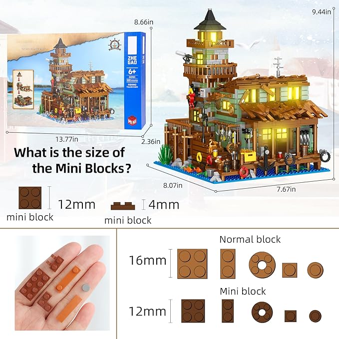 Fishing Village Store House Building Set with LED Light 1881 PCS Wood Cabin Mini Building Block STEM Architecture Toys Kit Birthday Gift for Adults Ages 8-12+ Years（Not Compatible with Set ）