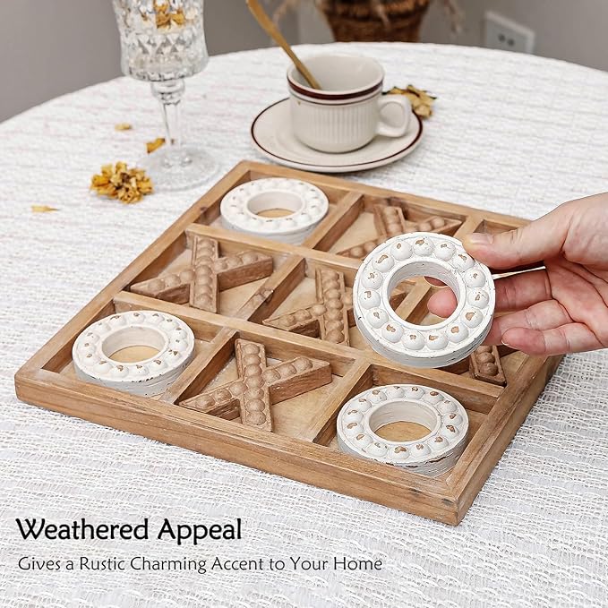 NIKKY HOME Tic Tac Toe Game Coffee Table Decor 10.6 Inch Rustic Wooden Board Wood &amp White