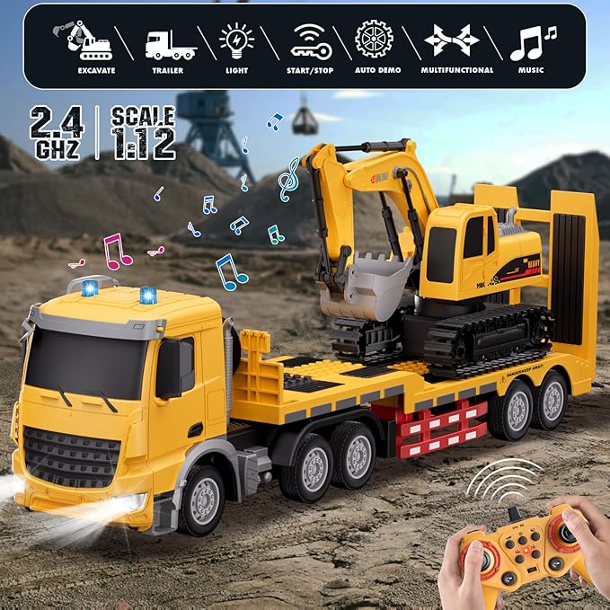 RC Semi-Trailer Truck with Excavator Toy Set - 1:12 Scale Remote Control Flatbed Truck and Excavator Toy for Kids 22.5 Inch with Lights &amp Music RC Construction Vehicle Toys for Boys 6-12 Years O
