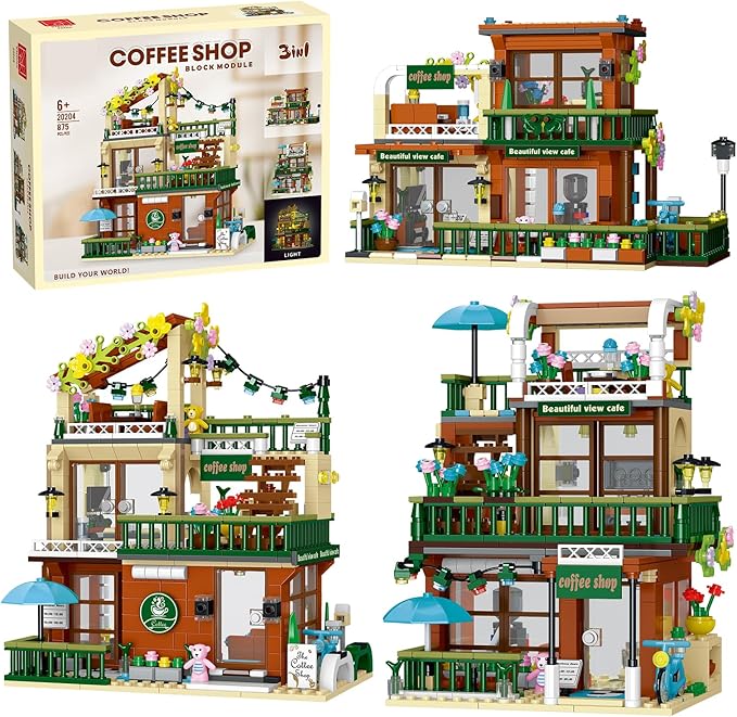 3 in 1 Street View Coffee Shop City Building Set Compatible with City House Modular Simulation Architecture Construction Toy with LED Lights Gift for Adults and Girls Kids Aged 8+(875 PCS)