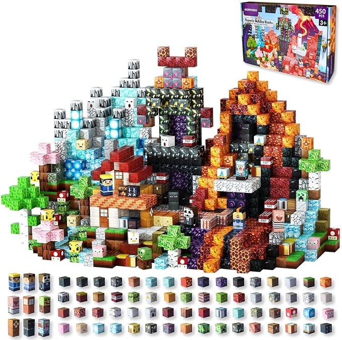 450 PCS Magnetic Building Blocks Set - Big STEM &amp Sensory Toy for Kids - Stacking Magnets - Instruction Book &amp Fabric Storage Bag - Shared Play Toy for Siblings &amp Friends