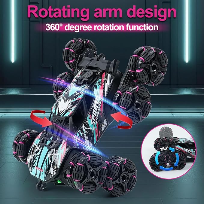 MagicKidz 8 Wheels Gesture Sensing Car for Kids Ages 5 6 7 8 9 10 11 12 - Birthday Gifts for Boys 5-7 8-12 Years Old 2.4GHz Off-Road Remote Control Stunt Toy with Spray &amp LED Lights 360-Degree F