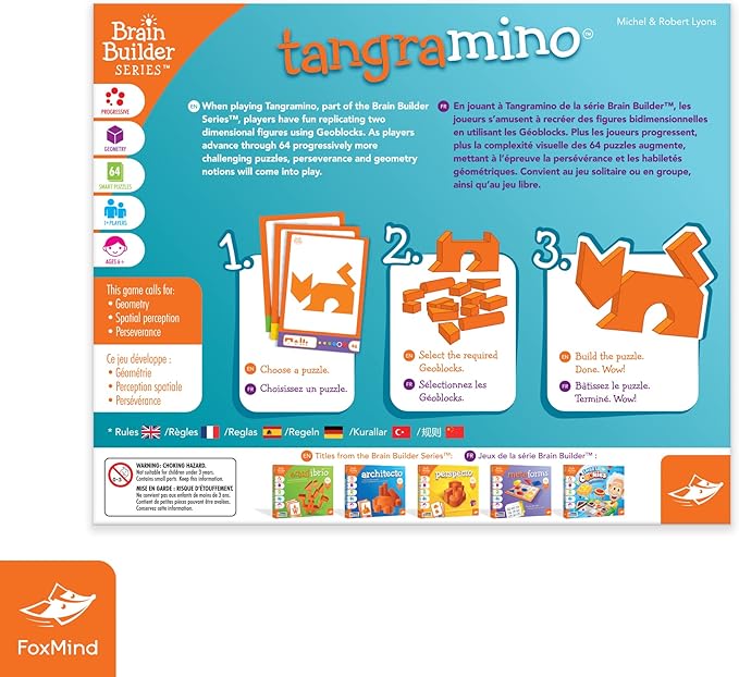 FoxMind Games: Tangramino Spatial Logic and Visualization Game Smart Fun with Shapes 64 Smart Puzzles to Work Through 6 Levels of Complexity Develops STEM Skills 1+ Players for Ages 6 and up