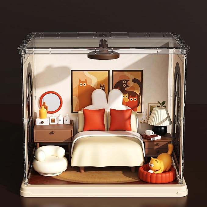 Cute Bedroom DIY Miniature House Building Toy Dollhouse Set with LED Creator Playset Suitable for Mini Figures Construction Toys Diorama Kit Gifts for Adults