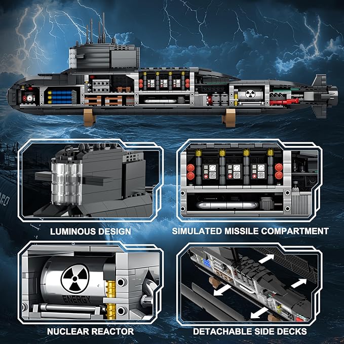 Strategic Nuclear Submarine Toy Building Blocks Set for Adult Kids WW2 Historical Military Battleship Model Kit with Light Home Office Decor Collection Gift for Men Boys Teens 14 16+ (1498cs)