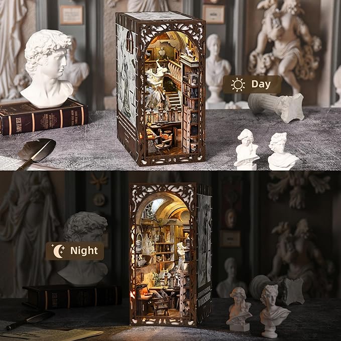 DIY Book Nook Library Kit Miniature Dollhouse Booknook Kit 3D Wooden Puzzle Bookend Bookshelf with LED Light for Teens and Adults (Bernini's Sculpture Workshop)