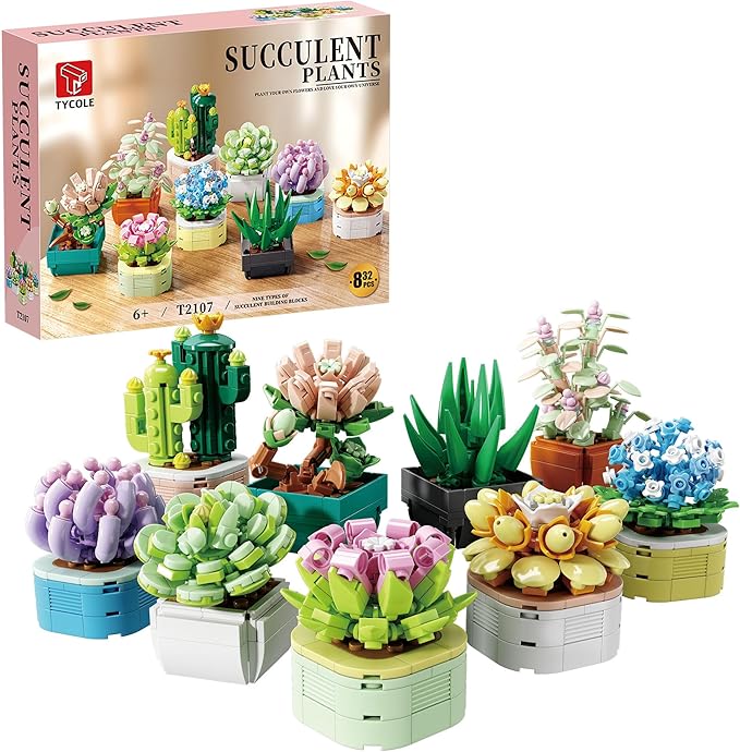 9 in 1 Tiny Flowers Succulents Artificial Plant Set-Creative Botanical Building Block Toy Botanical Collection for Office&ampHome Decor Birthday Gift for Adults and Kids 8-12(832 PCS)