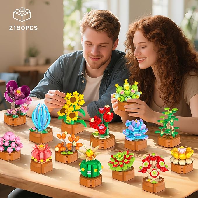24 Pack Flowers Succulents Building Set - 2160PCS Botanical Collection 3.6MM Mini Flower Kit for Home Office Décor Plant Blocks Toy Easter Party Favors Gifts for Adults Women Kid 10+