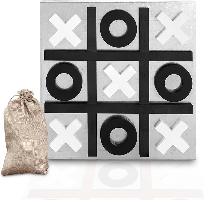 Play Platoon Magnetic Tic Tac Toe Game - Large Metal and Wooden Wall Mounted Board Games - 13.5 Inch Table Top or Wall Mounted Farmhouse Rustic for Game Room - Black &amp White