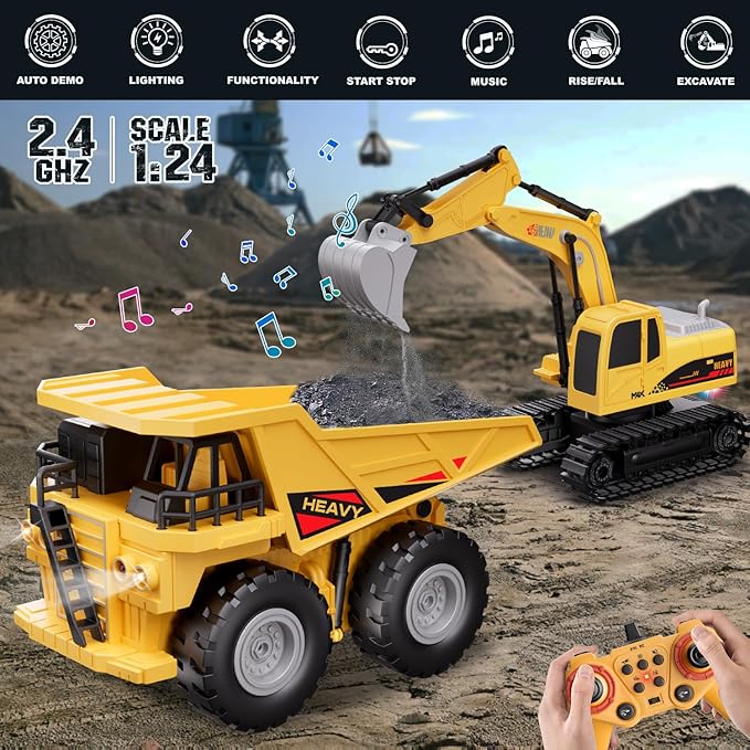 RC Excavator and Dump Truck Toy Set for Kids - 11 Channel Remote Control Construction Vehicle with Lights and Sounds Music 2.4Ghz Rechargable Digger Car Gifts for Boys Kids Ages 6-8