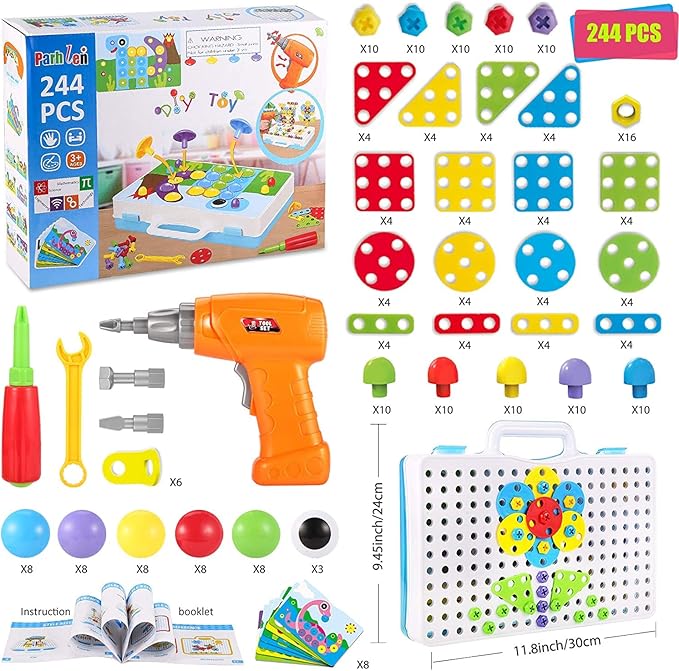 Educational Toys Building Blocks 244 Pieces Electric Screwdriver DIY Building Toys for Boys and Girls Educational Construction Building kit for Kids Ages 4 5 6 7 8 9 10 Year Old