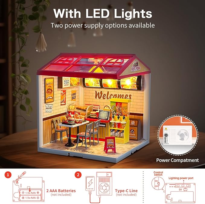 LED Building Blocks for Adults 1:24 DIY Miniature Dollhouse Kits with Roof &amp Dustproof Cover Tiny House Toy Building Sets for Kids Ages 8-12-15 Birthday Hobbies Gift for Men Women Boy Girl