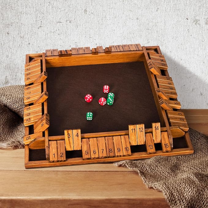 Upgraded 16.54’’ Shut The Box Dice Game with 15 Numbers for 1-4 Players Large Wooden Board Math Game 16 Dices Tabletop Games Kids Adults Family Party Birthday