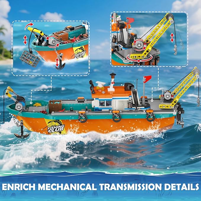 City Fishing Boat Wharf Building Set - Floatable Sea Fishing Ship Building Block Kit with Speedboat Crane Containers Exploration Boats Toy Birthday Gift for Kids Boys Girls 6 7 8 9 10+ 762PCS