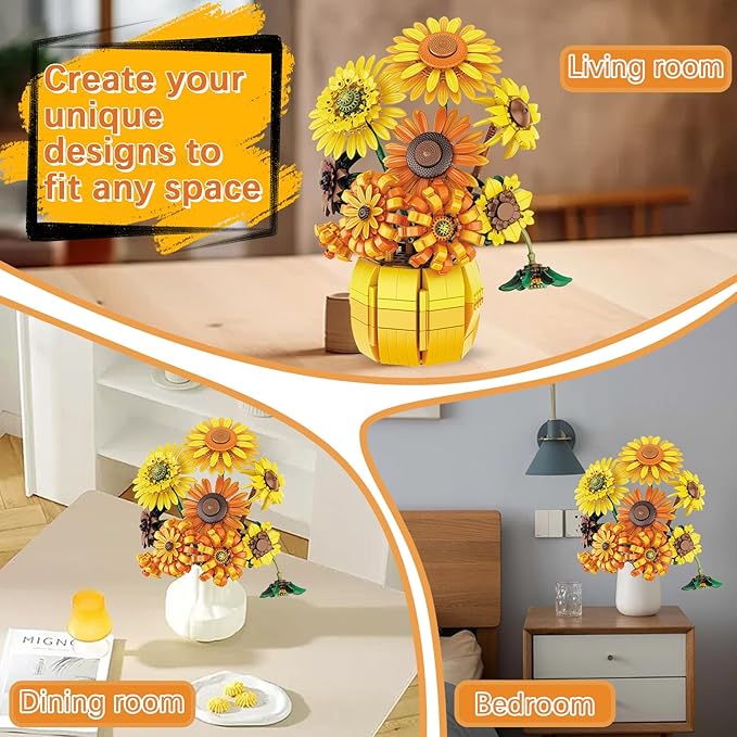Flowers Sunflower Building Sets for Adults Van Gogh Prints Art Botanical Collection for Woman Girls 14+ Artificial Pot Bouquet Plants Kits Home Decor/Christmas/Valentine/Mother's Day Birthday Gifts