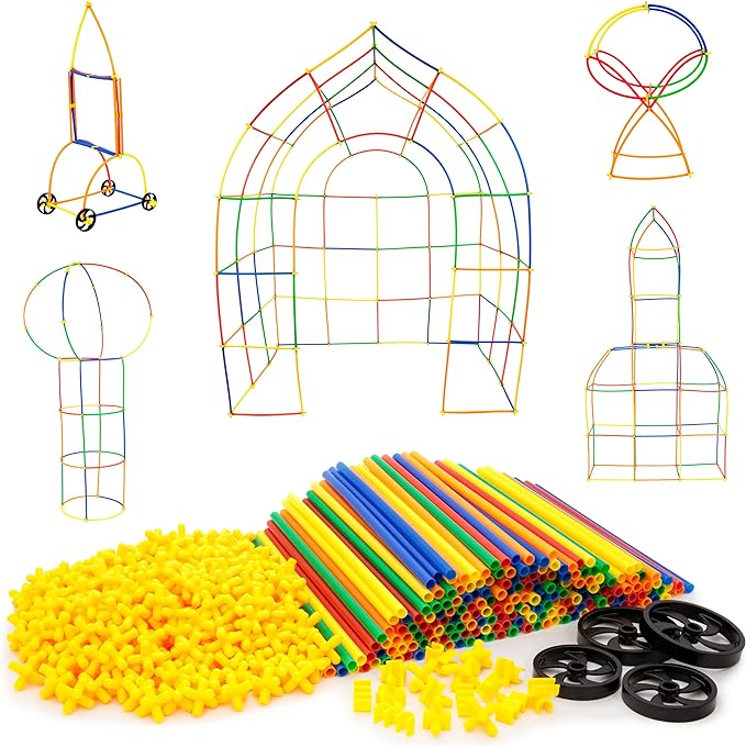 PicassoTiles 600pc Construction Toy Straw Building Set Children STEM Learning Interlocking Building Toys Creative Straw Connecting Builder Kits Early Education Kit for Kids Boys &amp Girls Ages 3+ PT