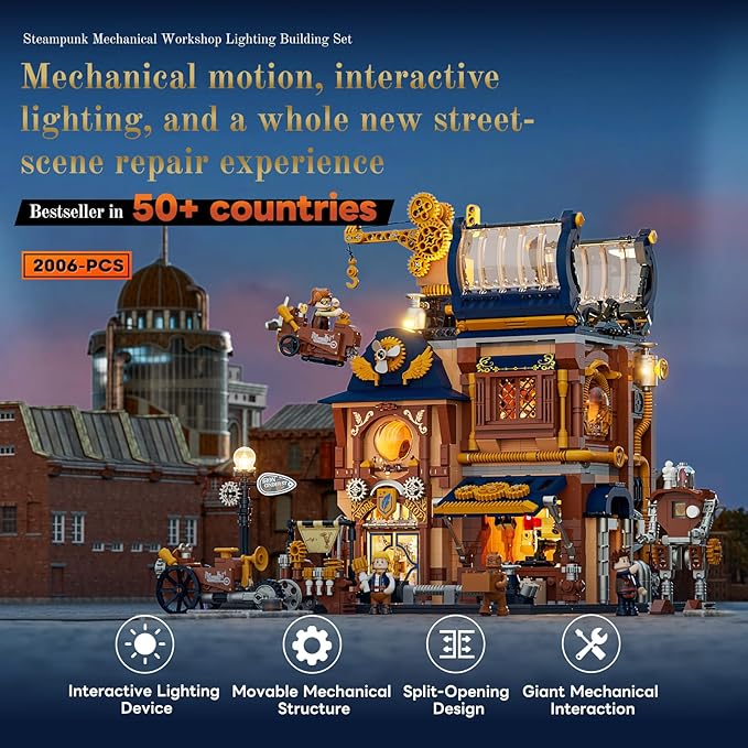 Steampunk Mechanical Workshop Lighting Building-Bricks Set 2006 Pcs The Sky-Lane Repair Shop Modular Building from Aeronauts Collection Display Set for Adults and Steampunk Lovers