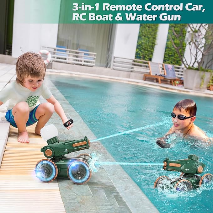 Toys for Kids 6-12 Remote Control Car Boat Gifts for Boys 5-7 8 9 10 11 Year Old Amphibious RC Boats Water Squirt Gun with Light &amp Self-Dispensing Pool Outdoor Beach Toy for Kids