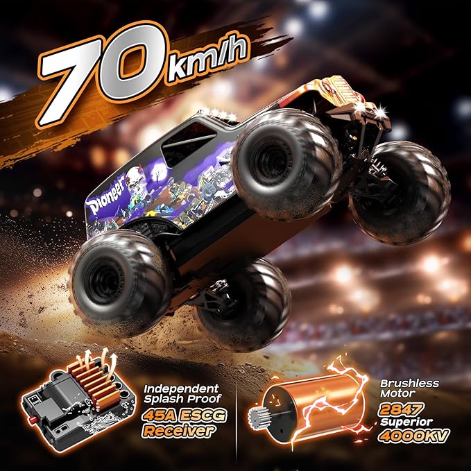 1/14 Brushless RC Cars for Adults Max 42mph Oil Shock Absorber Electric 4WD High-Speed Off-Road RC Car Remote Control Car for Adults RC Truck with Two 3S LiPo Batteries 1200 mAh
