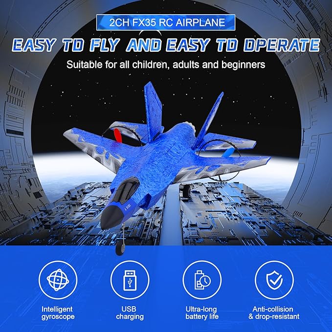 RC Plane 2CH RC Airplane Toys HW39 Fighter 2.4GHz Remote Control Plane RTF for Beginner Kids and Adults F35 Aeroplane with Night Lights USB Charging (Blue)