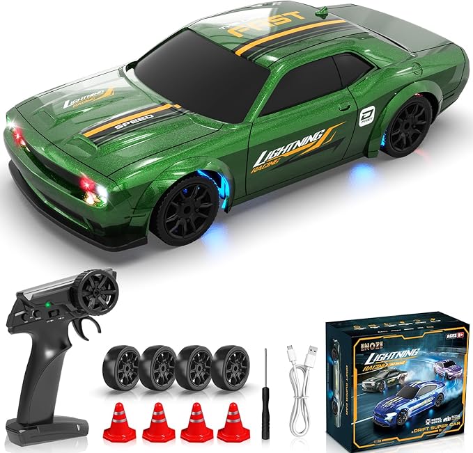 Mini RC Drift Car 1/43 2.4GHz RC Drift Cars with Gyro 4WD Full Proporitonal High Speed Remote Control Car with LED Lights and Drifting Tires Hobby Racing Cars for Adults Kids Boys Green