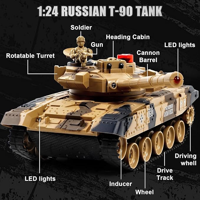 1/24 Remote Control Tank 2.4Ghz Russian T-90 RC Tank &amp 330° Turret Rotation 2× Rechargeable Batteries Army Toys for Boys Infrared Battle Toy with Lights Smoke and Sound Effect Gift for 4+ Kids