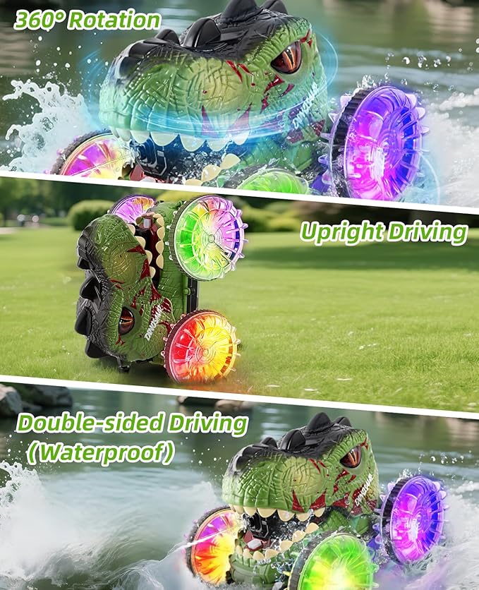 Amphibious Remote Control Monster Truck 4WD All Terrain Off-Road Dinosaur Truck with Water Gun 1:18 Scale RC Cars with Lights &amp Music 2.4 GHz Waterproof RC Dinosaur Car for Boys 4-7 Gifts