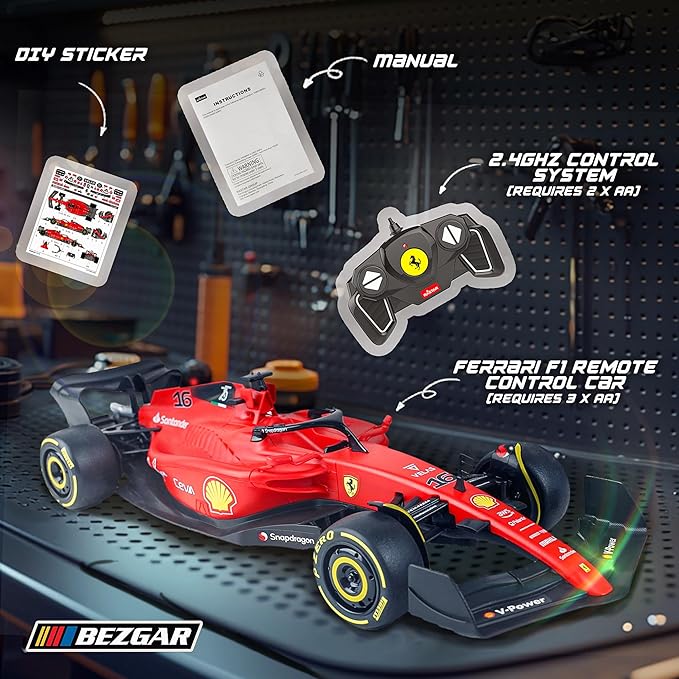 BEZGAR 1:18 Ferrari F1 75 Remote Control Car - 2.4GHz RC Race Car with Authentic Livery DIY Body Stickers - Officially Licensed F1 for Kids &amp Enthusiasts - Ferrari RC